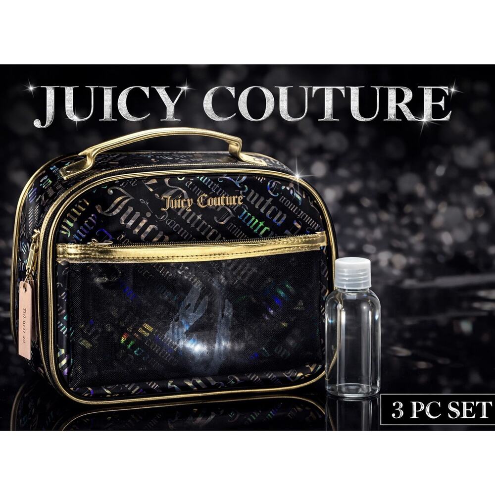Juicy Couture 3 Pc Travel Cosmetic Bag Set Black Logo Gold Trim Handbag Y2K NWT